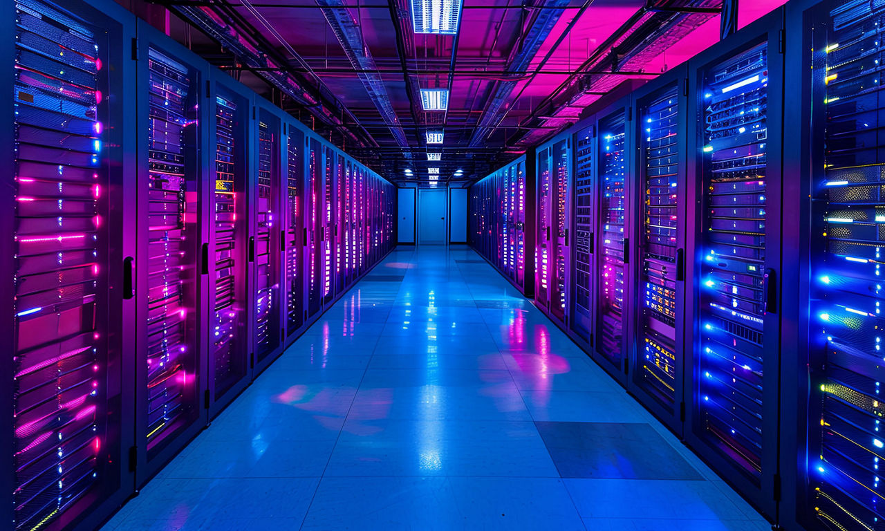 Server room with blue and purple lights