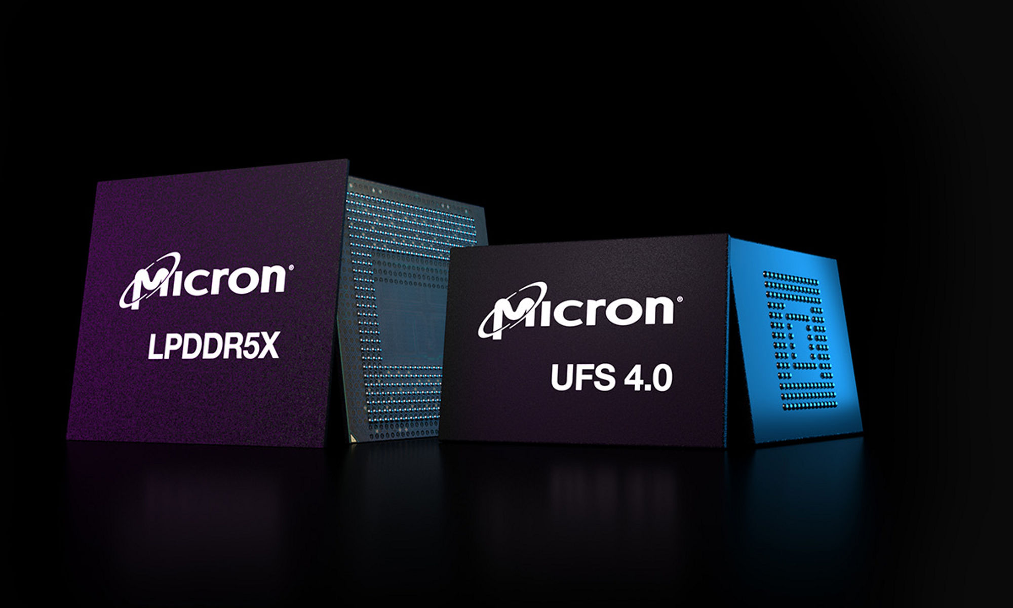 A side by side of a Micron LPDDR5X chip and Micron UFS 4.0 chip