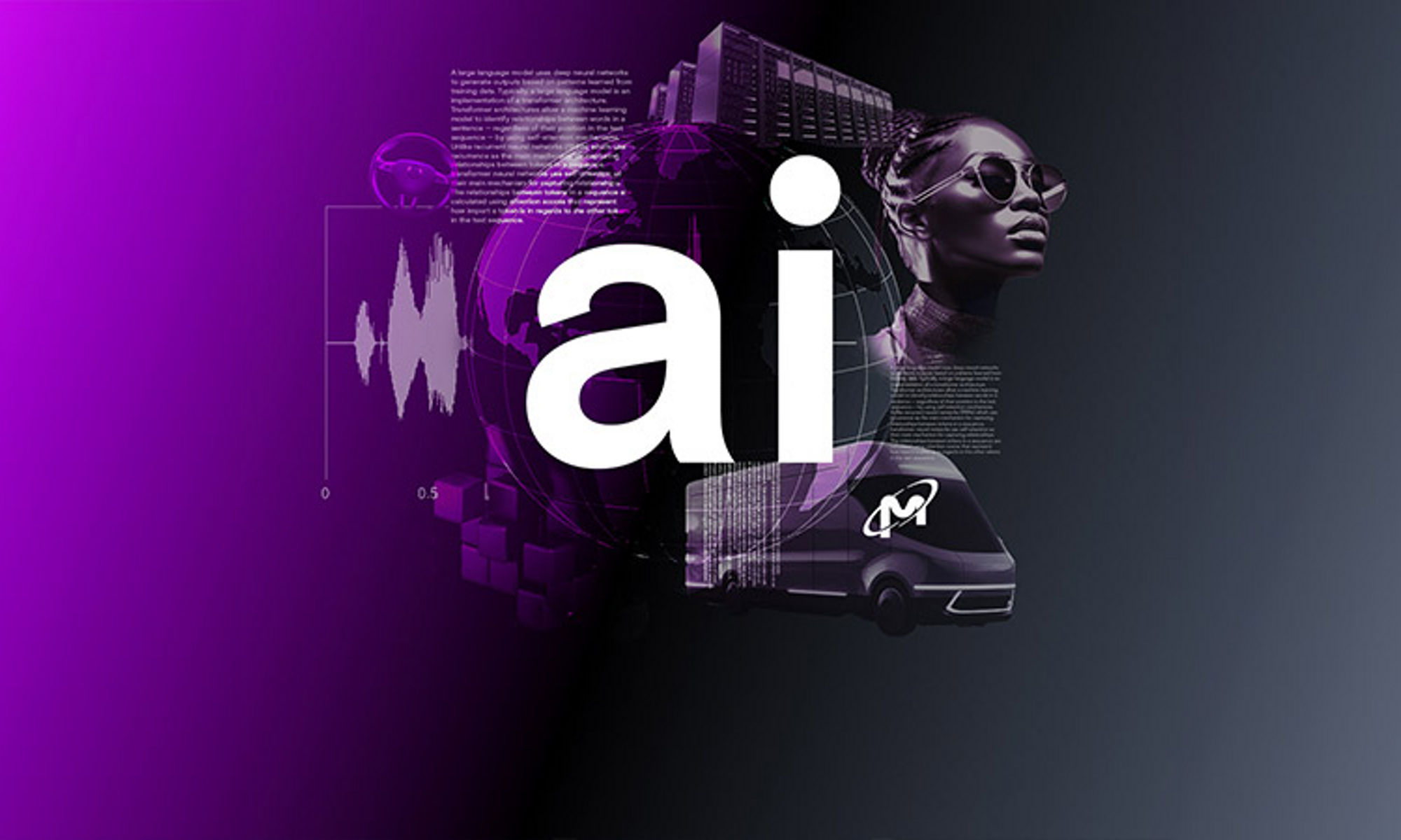 Purple to black gradient background with the word 'ai' with semi-transparent ai-generated imagery