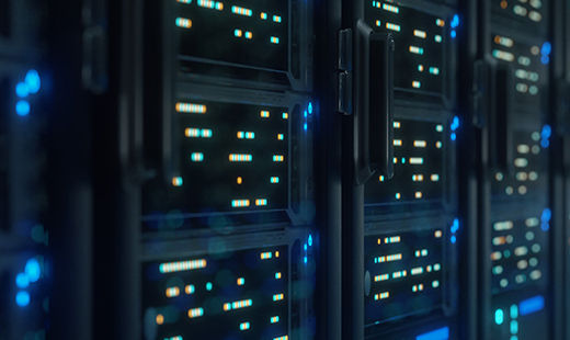 Modern interior server room data center. Connection and cyber network in dark servers. Backup, mining, hosting, mainframe, farm, cloud and computer rack with storage information. Close up,3D rendering