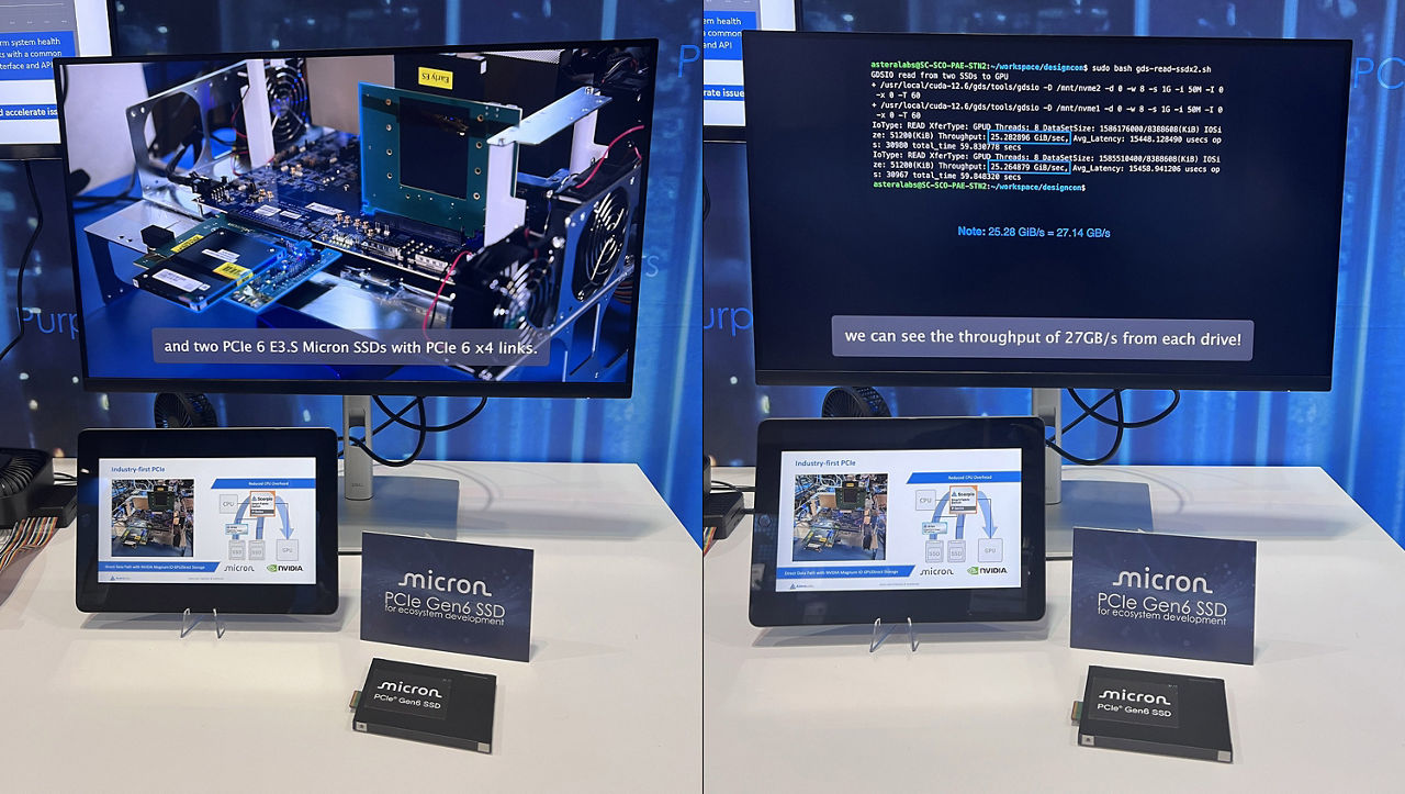 PCI Gen6 SSD with monitors on a presentation desk