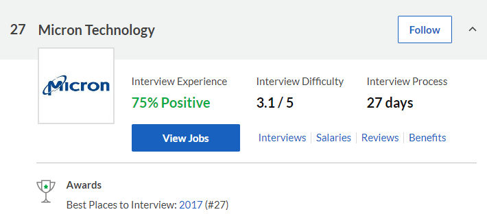 screenshot of micron page at glassdoor website