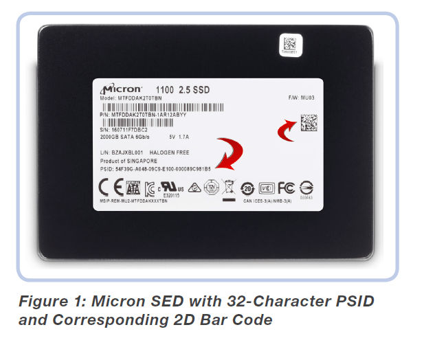 Micron SED with 32-Character PSID and Corresponding 2D Bar Code