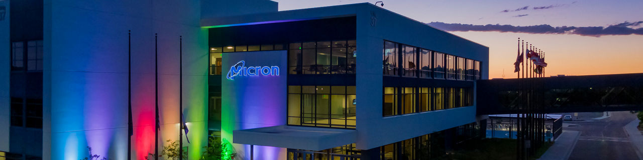 Micron�s Boise campus lit up in celebration of Pride Month.