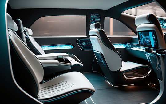 Rendering of a futuristic high-tech vehicle interior with digital lighting and built-in digital screens
