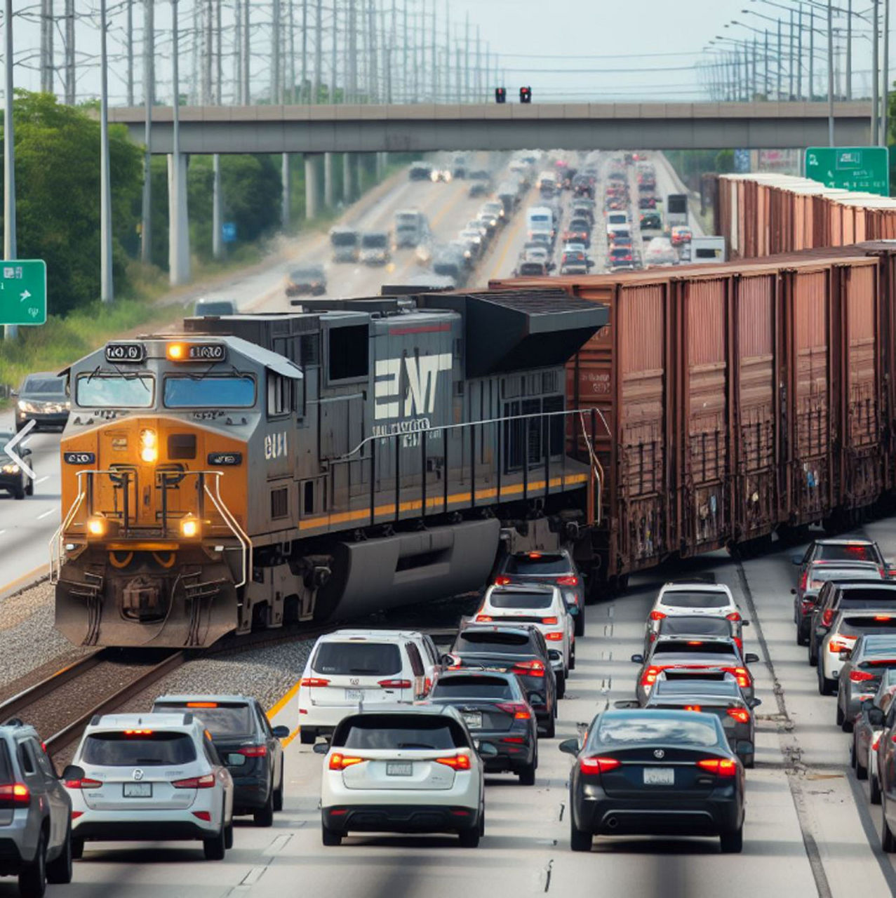 A train blocking lanes of traffic on a freeway