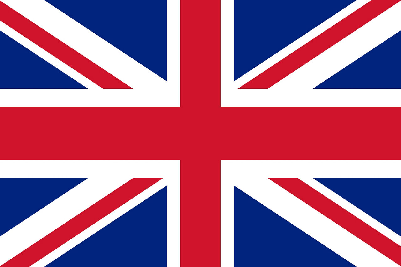 The United Kingdom's flag, the Union Jack (An azure background with the quartered and fimbriated crosses of St. Andrew and St. Patrick (a white 'x' shape with alternating red outlines); surmounted by the Cross of St. George of the third (a red plus) )