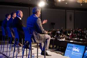 Micron Chairman, President and CEO Sanjay Mehrotra addressing the audience