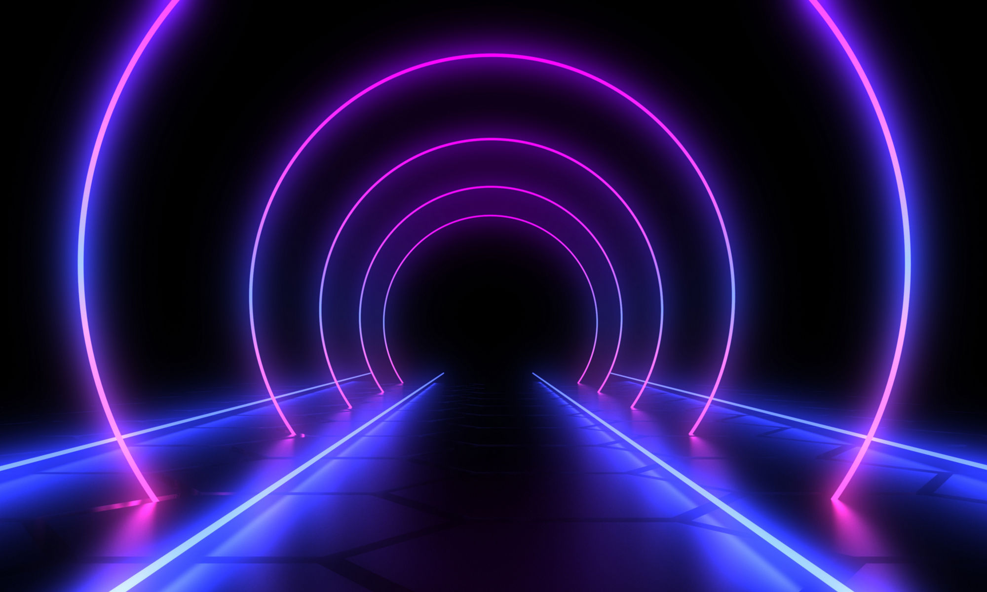 Abstract neon blue lines outlining walkway through neon blue and pink lined tunnel