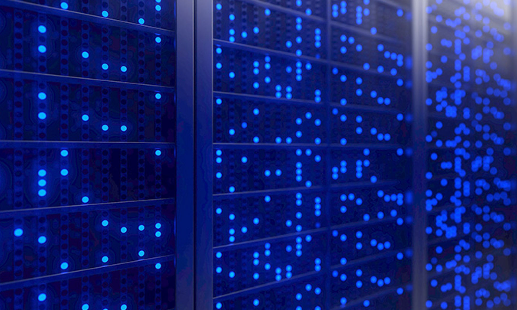 close up of server lights in data center glowing blue