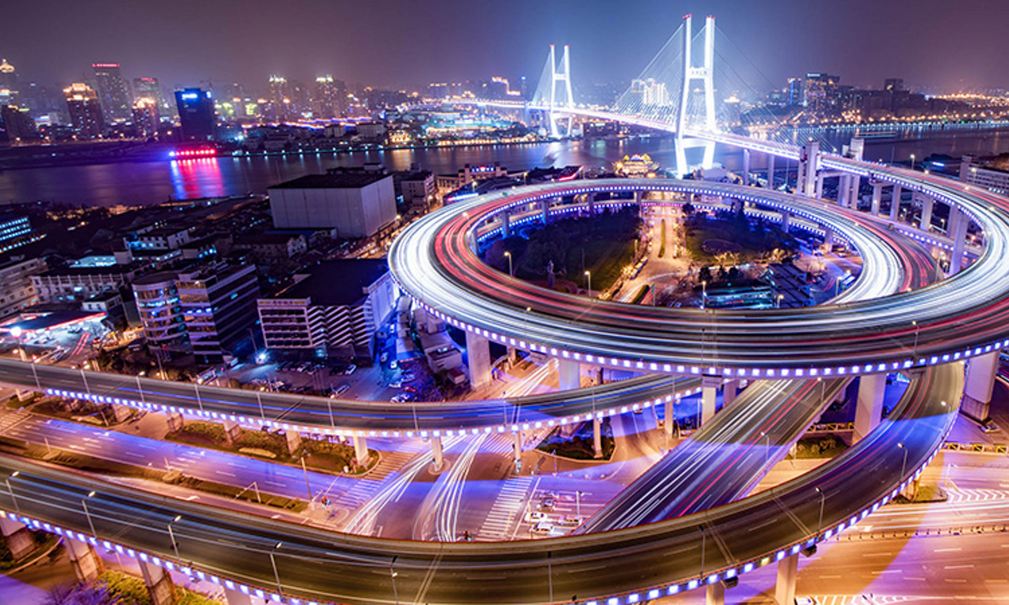 Aerial night time view of Shanghai nanpu bridge