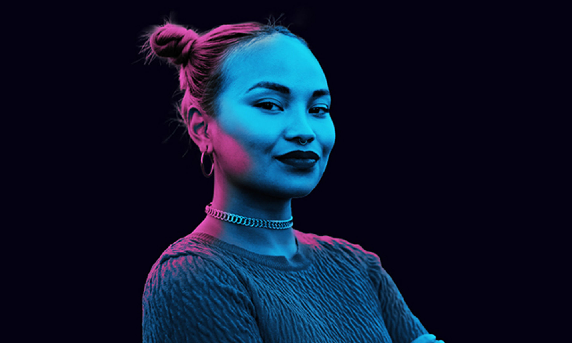 Diverse woman looking to her right with arms crossed with a purple and blue gradient overlay.