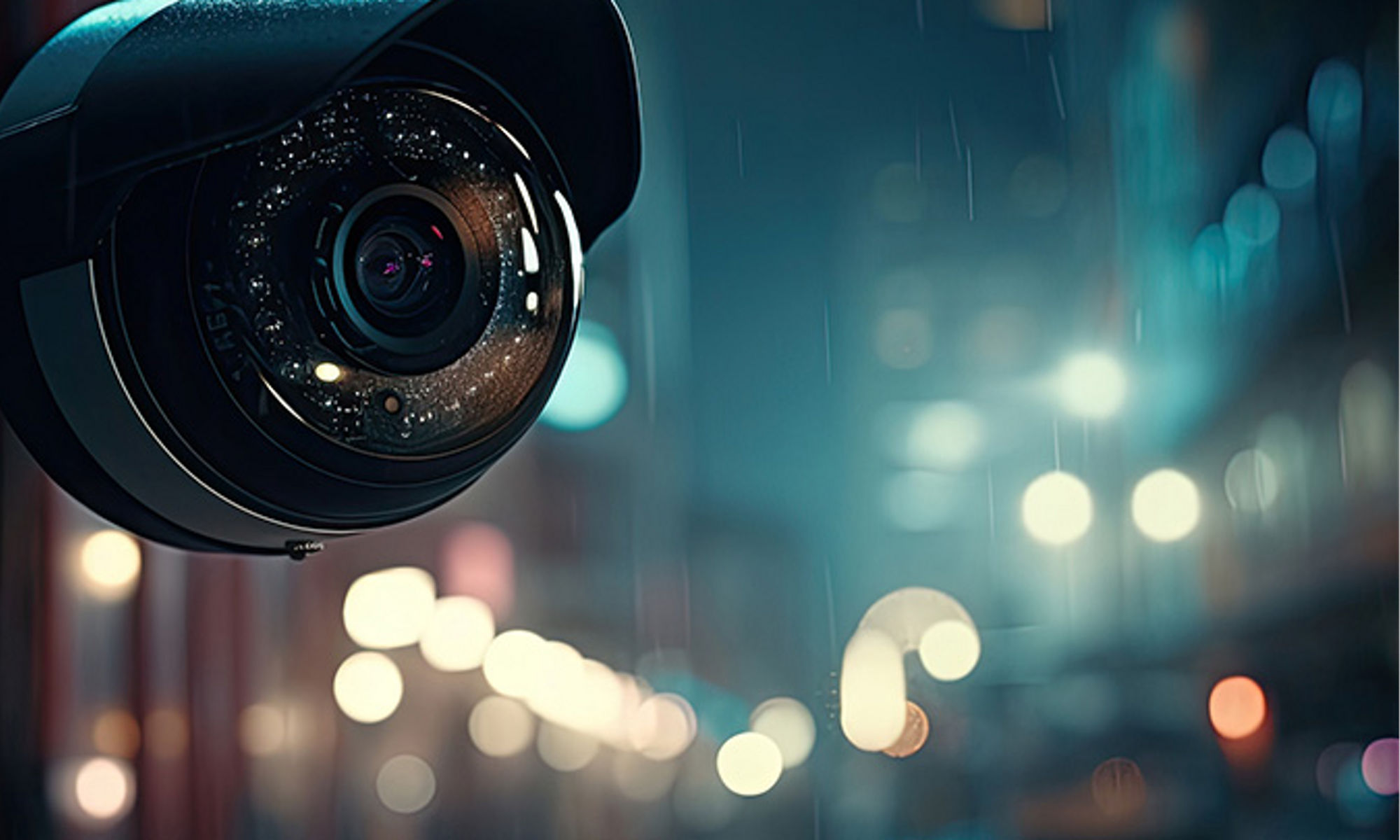 光亮的壁掛式監控鏡頭，遠處是模糊的城市夜景街道