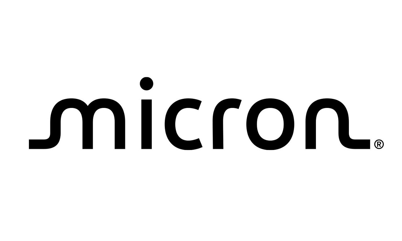 Micron's logo with a stylized 'M' encircled by an orbit, followed by the word 'Micron' with a registered trademark symbol