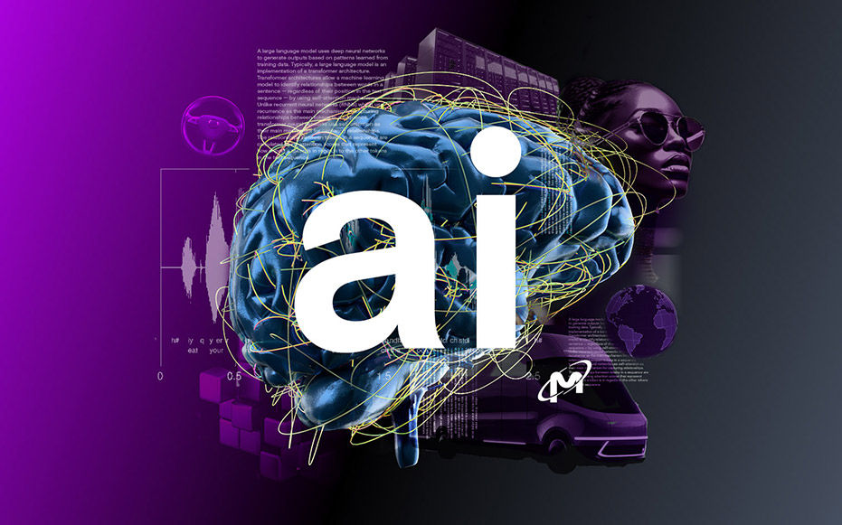 Purple to black gradient background with the word 'ai' with semi-transparent ai-generated imagery