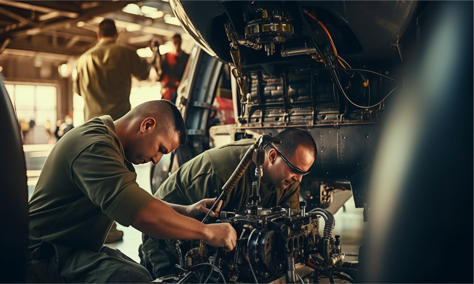 Two veterans on the job working on military helicopter equipmenT