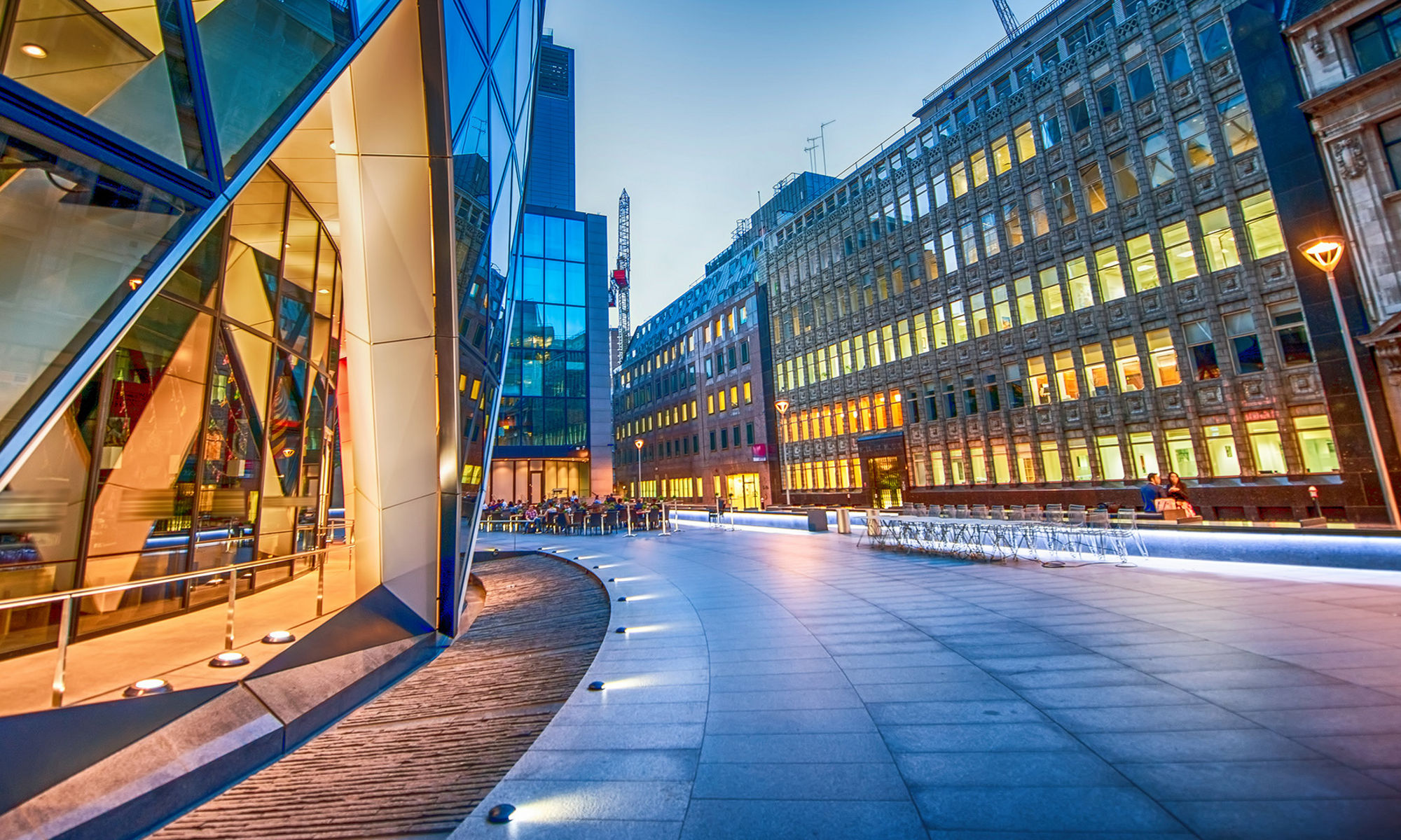 Walkway winding through moder office buildings