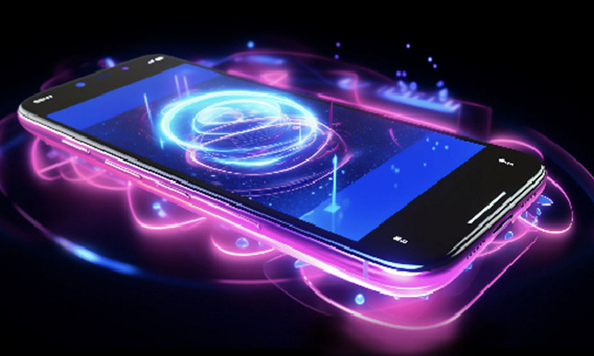 紫色に光るスマートフォンのAI画像