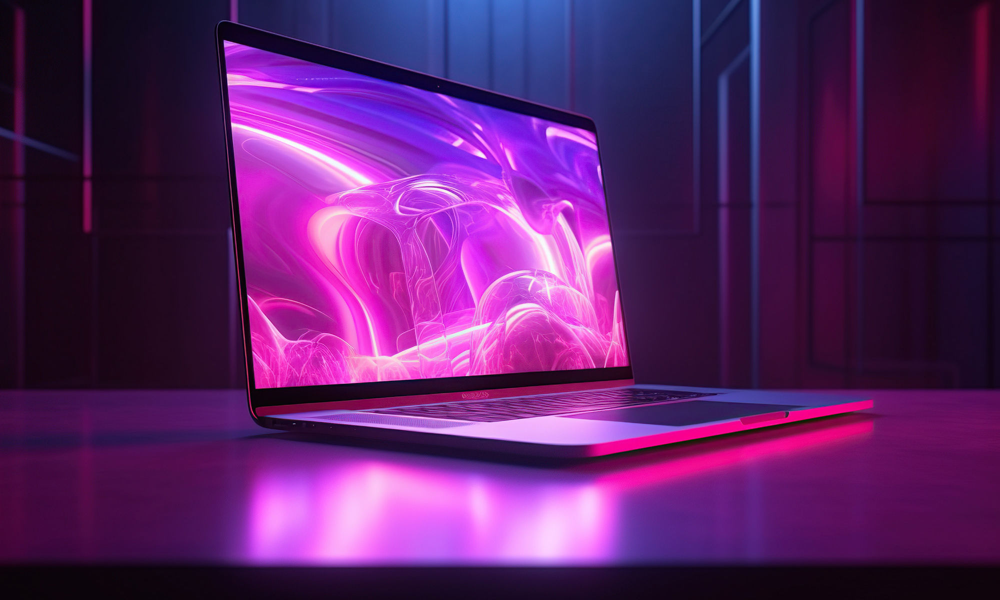 Laptop with pink like liquid as a screensaver