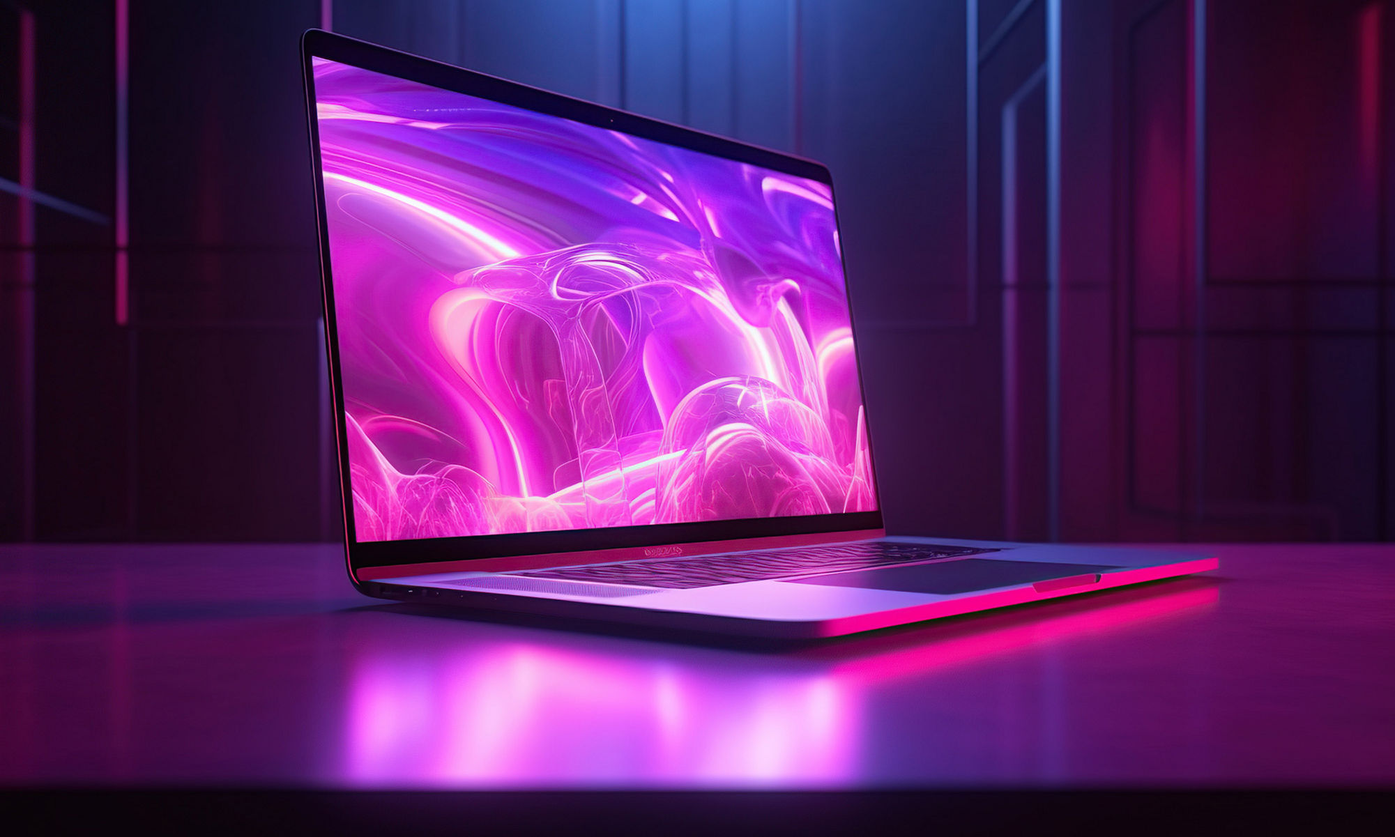 laptop open with neon purple lights displayed on screen