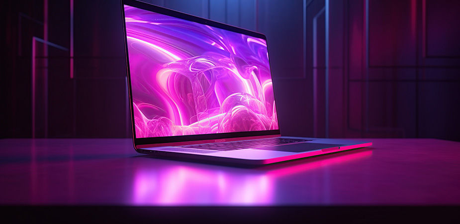 Laptop open on a table displaying a pretty pink nd blue abstract screen saver.