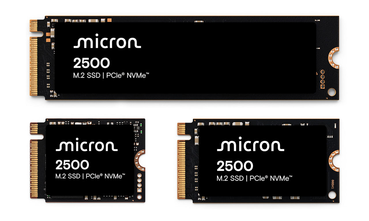 Three Micron 2500 NVMe SSDs in 22x30, 22x42 and 22x80mm form factors