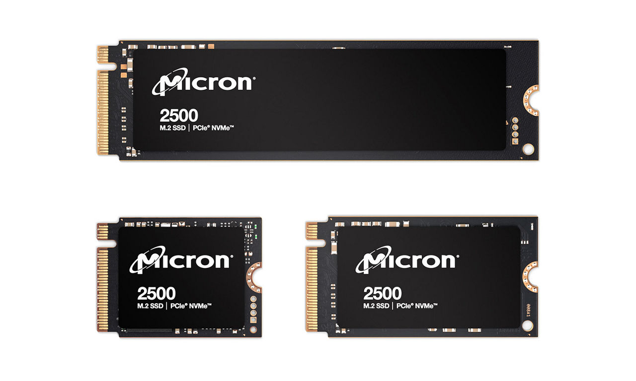 Three Micron 2500 NVMe SSDs in 22x30, 22x42 and 22x80mm form factors