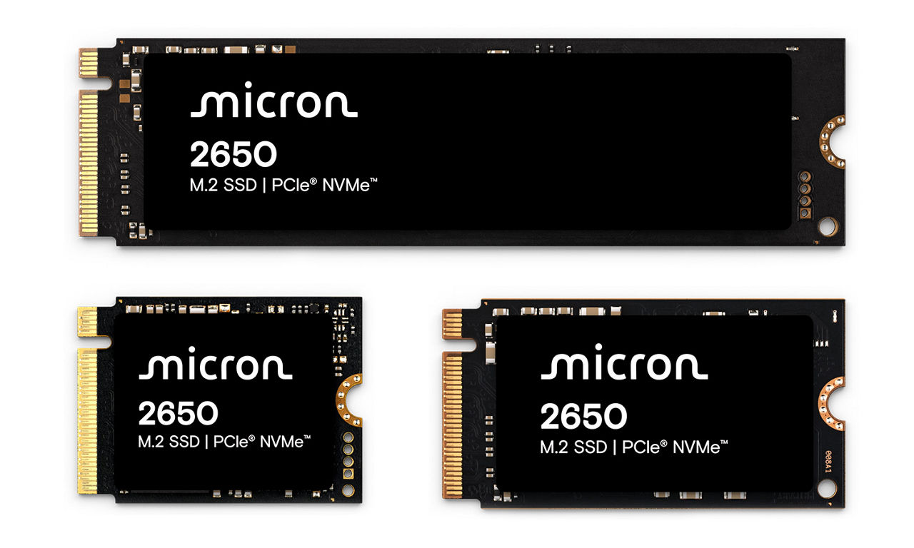 Three Micron 2650 NVMe SSDs in 22x30, 22x42 and 22x80mm form factors