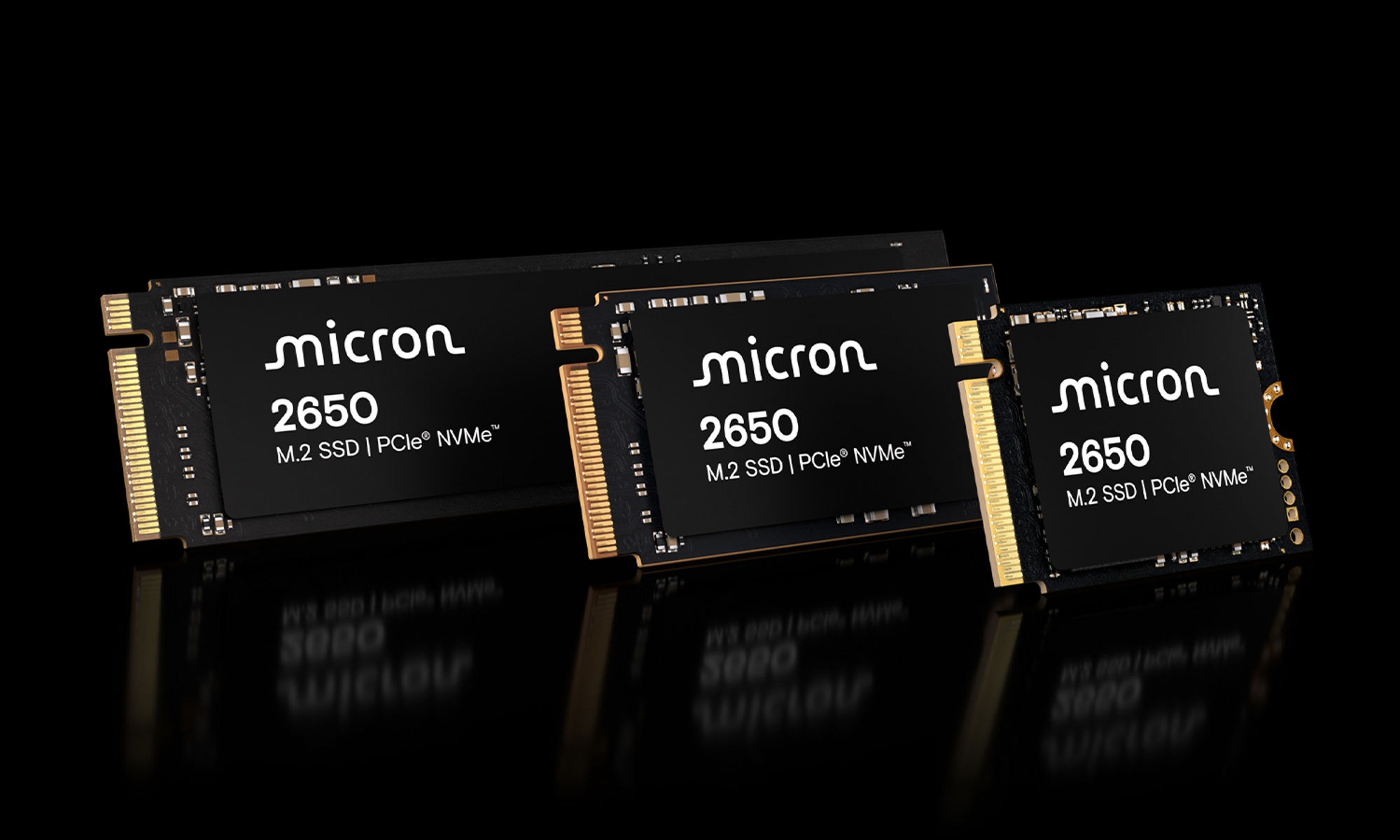 Three Micron 2650 NVMe SSDs in 22x30, 22x42 and 22x80mm form factors