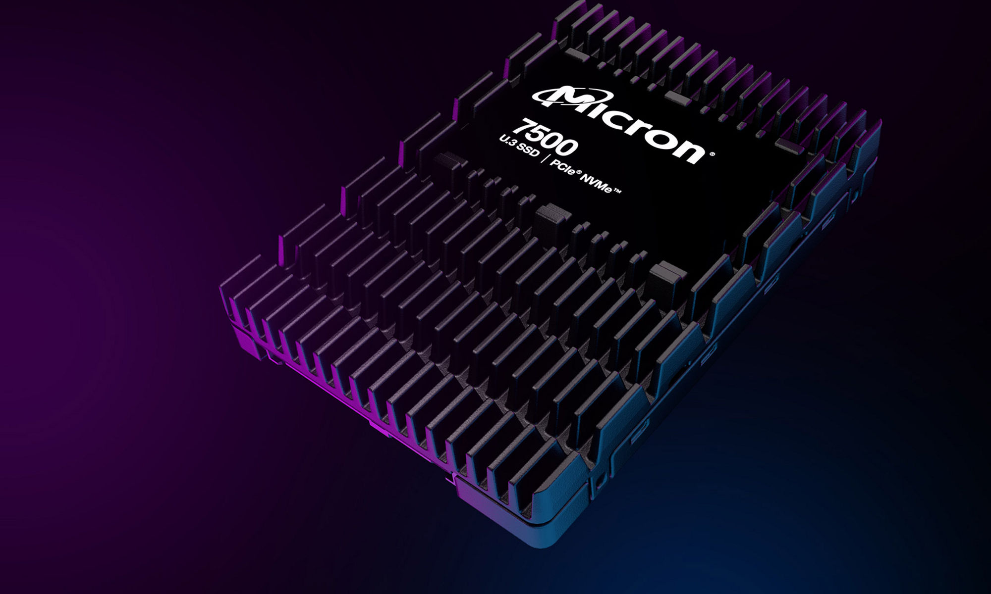 Micron 7500 SSD in dark background