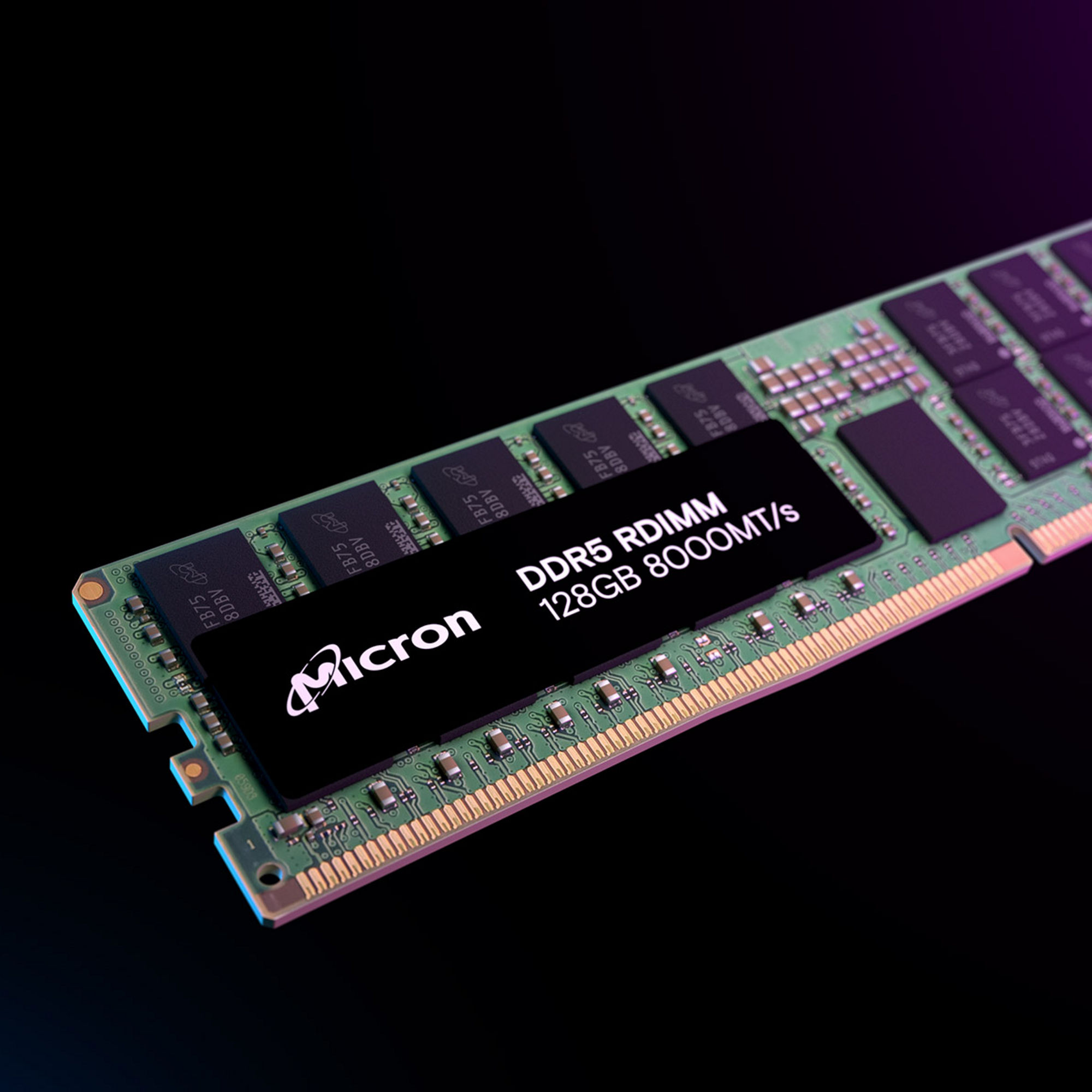Micron DDR5 RDIMM with 128GB 8000MT/s with a gradient overlay blue to purple