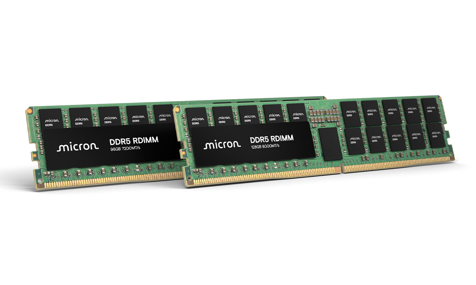 Micron DDR5 RDIMM 96GBおよび128GBモジュールを並べた図