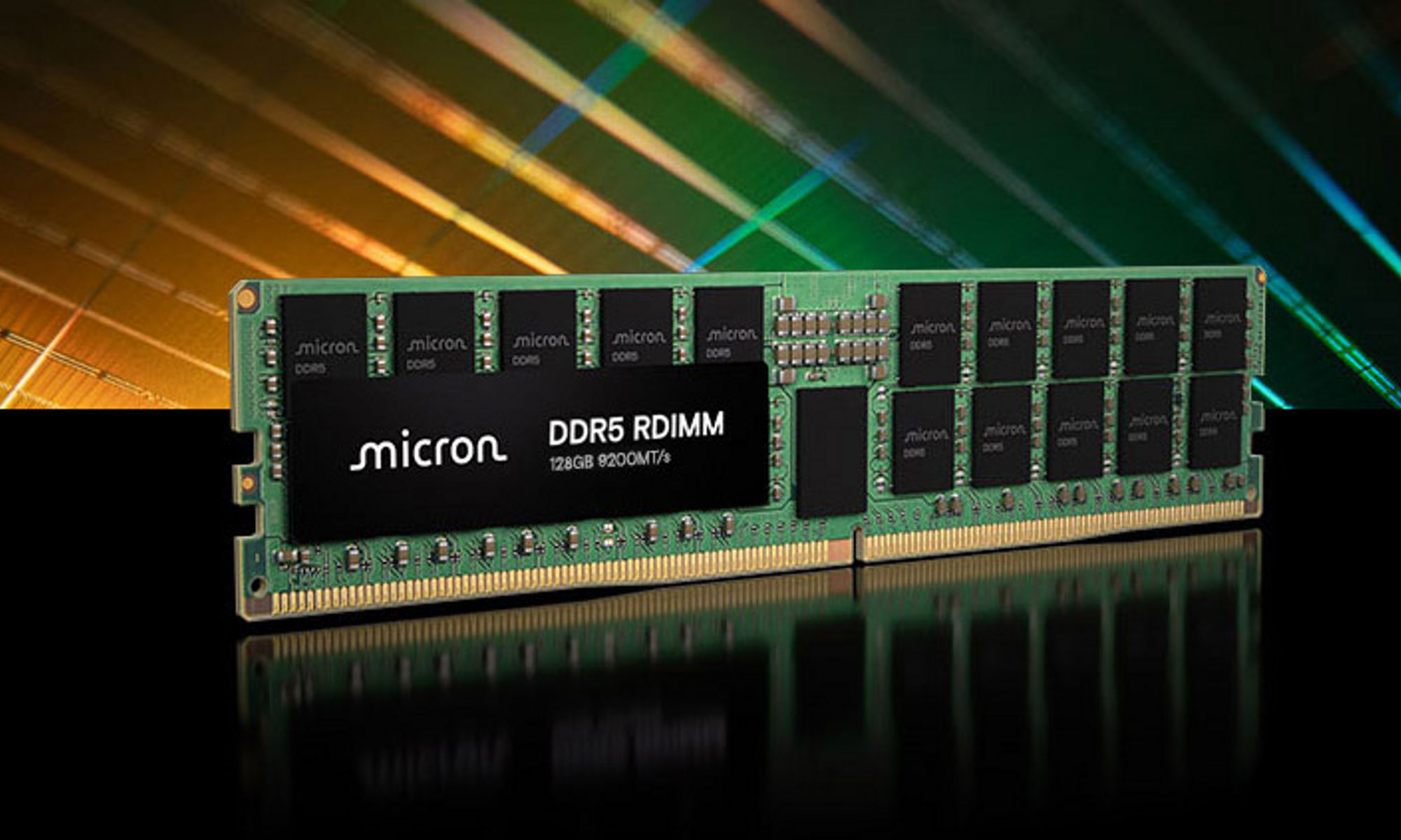 DDR5 SDRAM modulle with gold and green wafer background