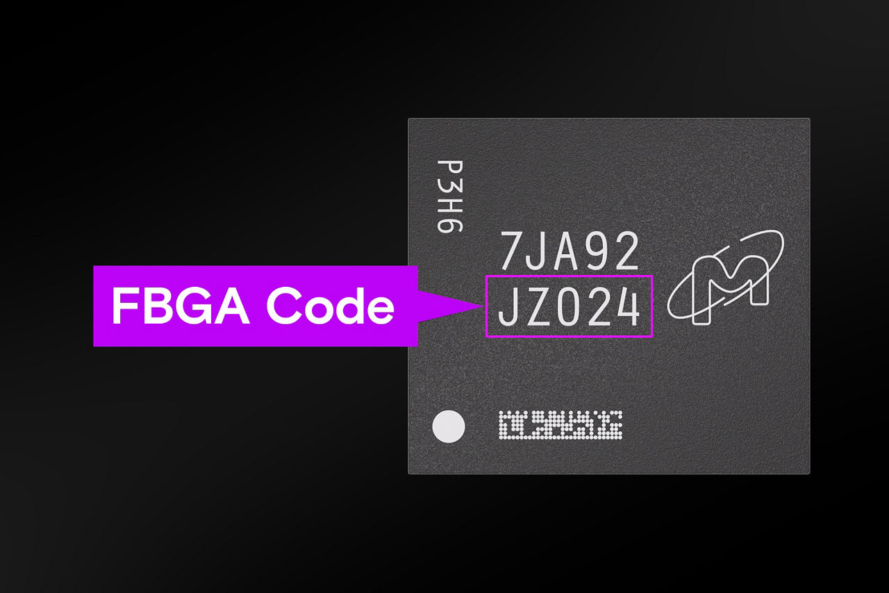 マイクロンのFBGAコードがある場所を示すレンダリング
