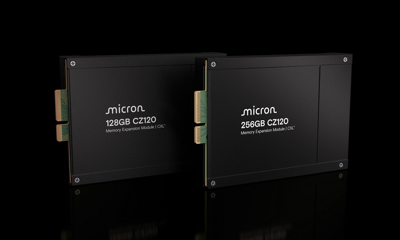 Two Micron CXL memory expansion modules, 128GB and 256GB, lying diagonally highlighting CXL standards-based memory technology