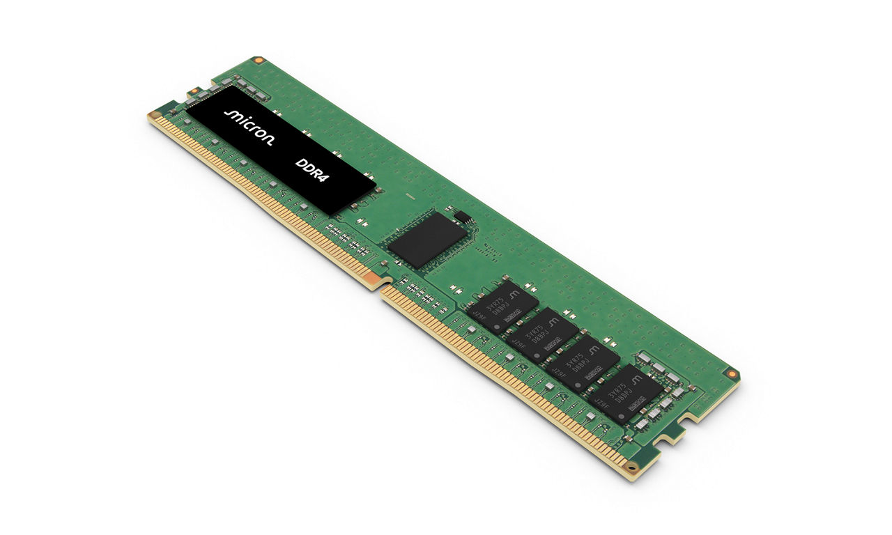 Product shot of Micron DDR4 components on a Micron DDR4 RDIMM 