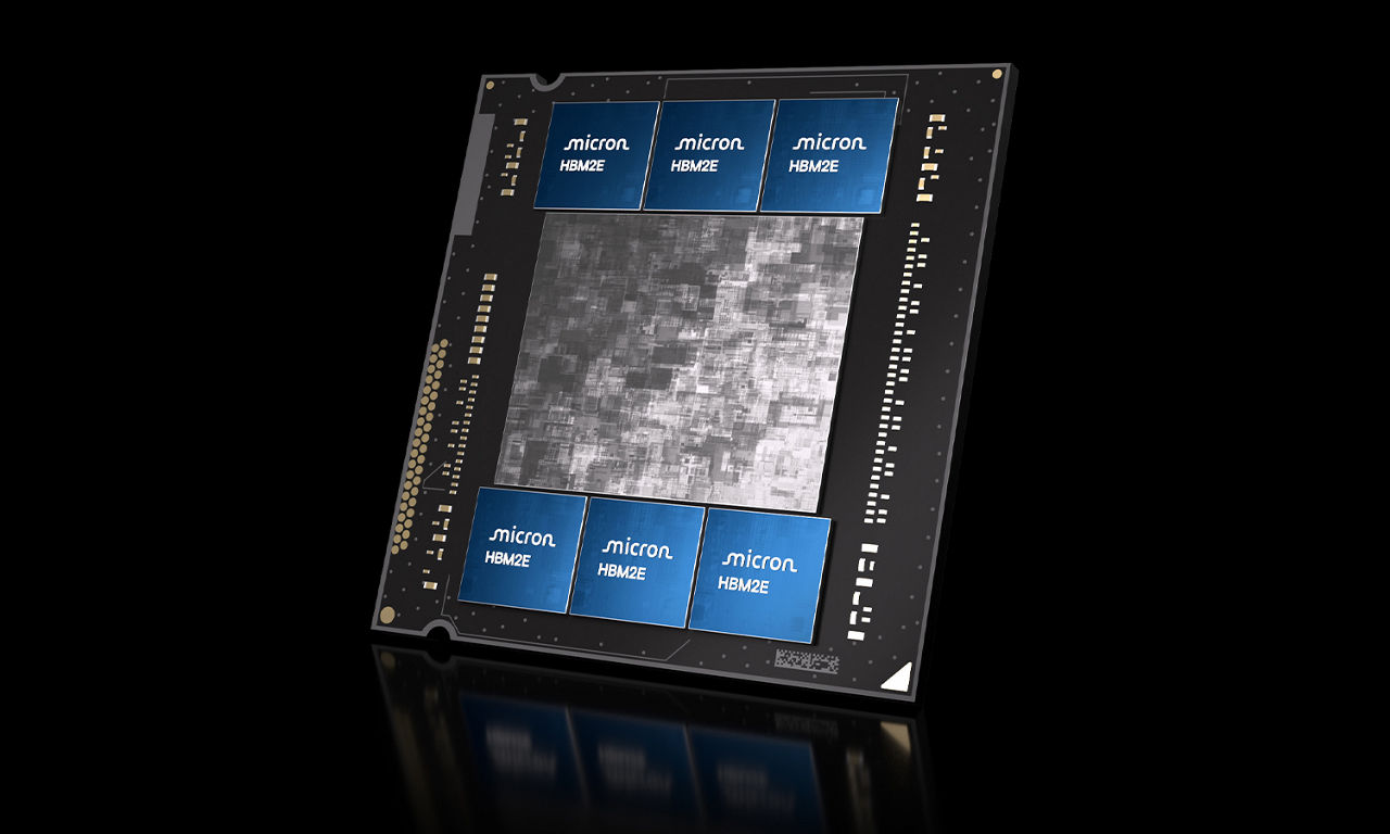 Micron HBM2E high-bandwidth memory module designed for applications that demand max throughput between memory and processing