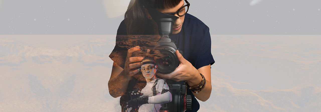 blurred combo image of a person with camera and person wearing AR goggles