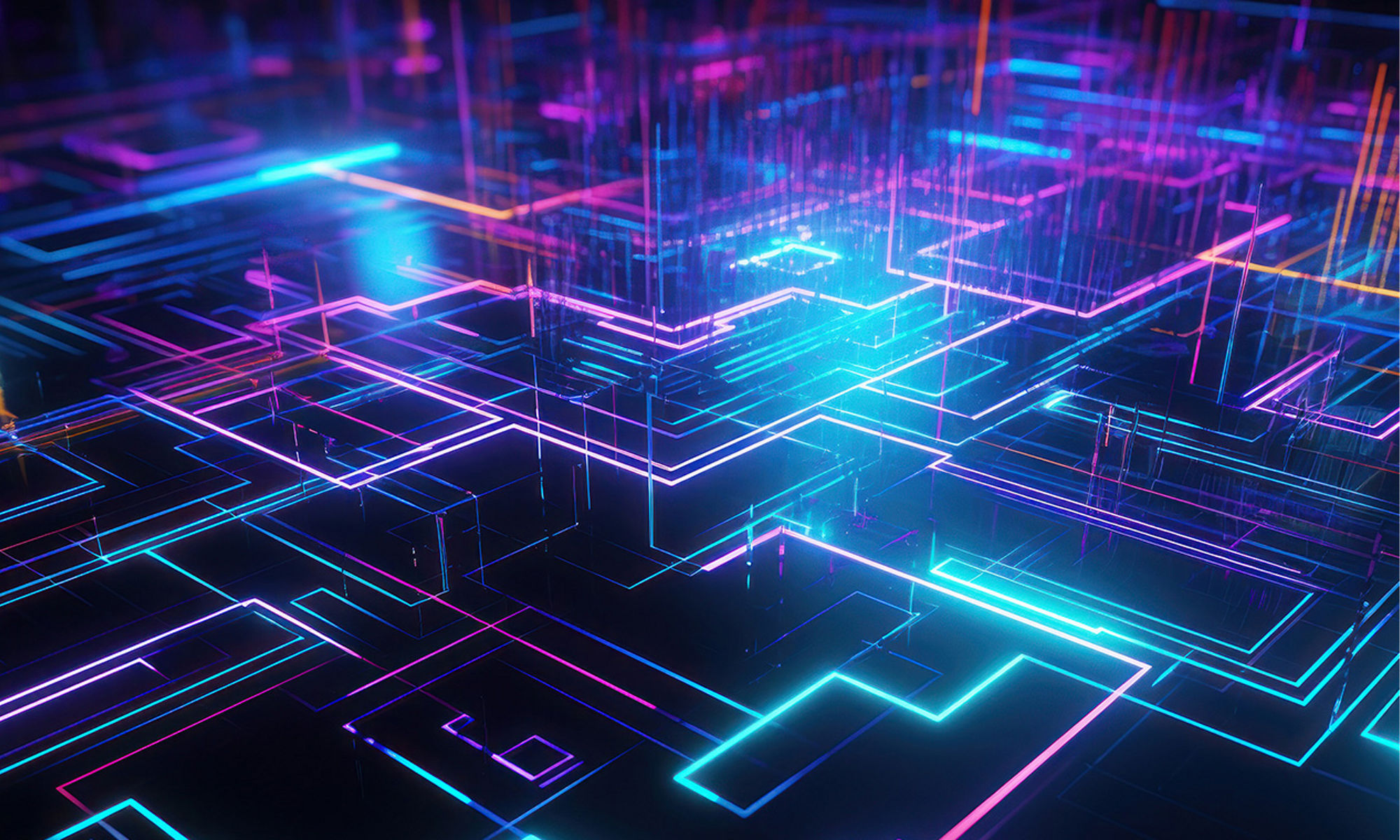 粉色和蓝色灯条及线条逐渐淡出背景的 3D 抽象效果图