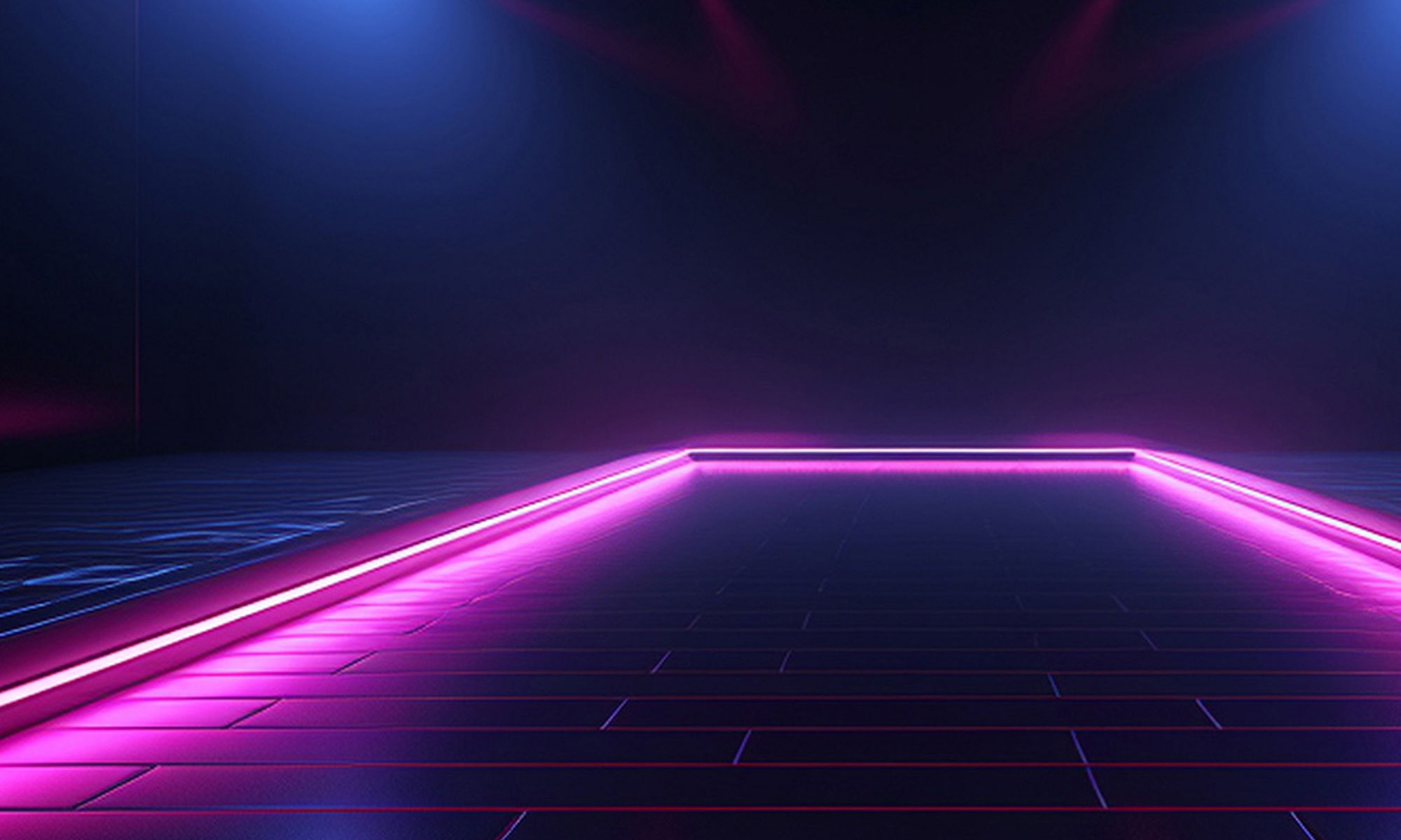 neon pink lights outlining floor and ceiling in dark room