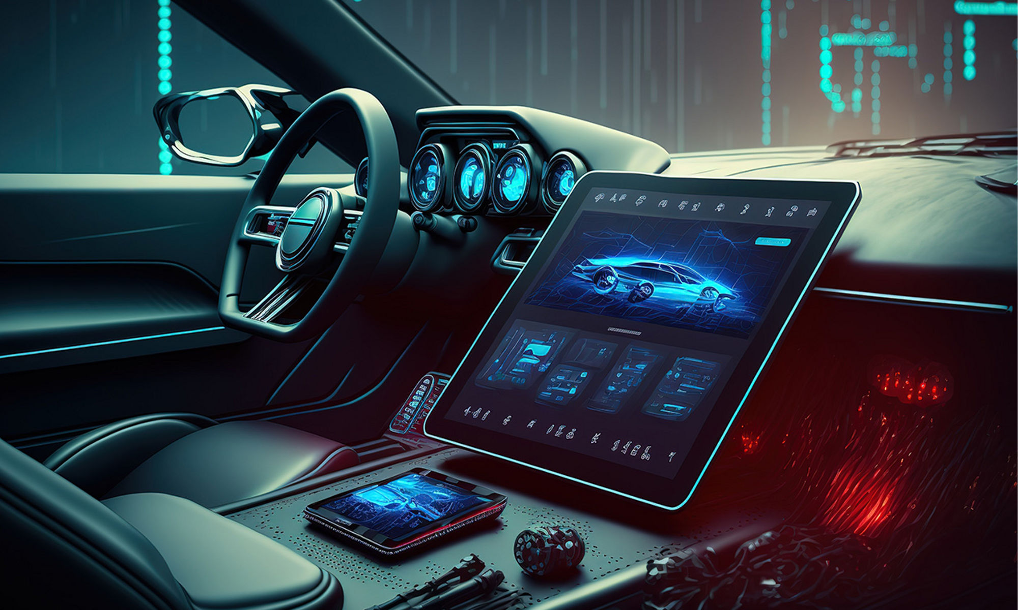 Front seat and driving console of a futuristic car