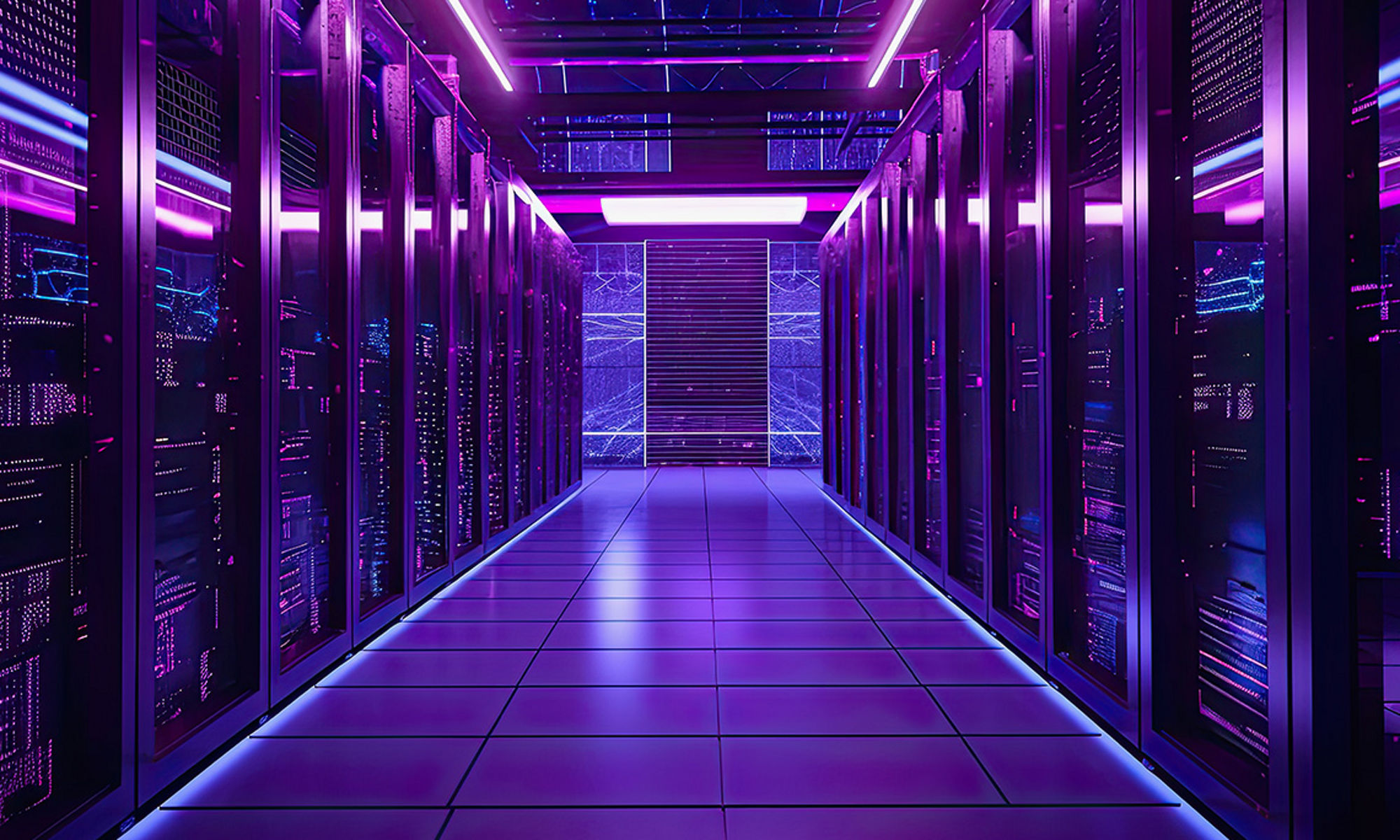 Generative AI illustration of a modern high technology server room in purple neon colors