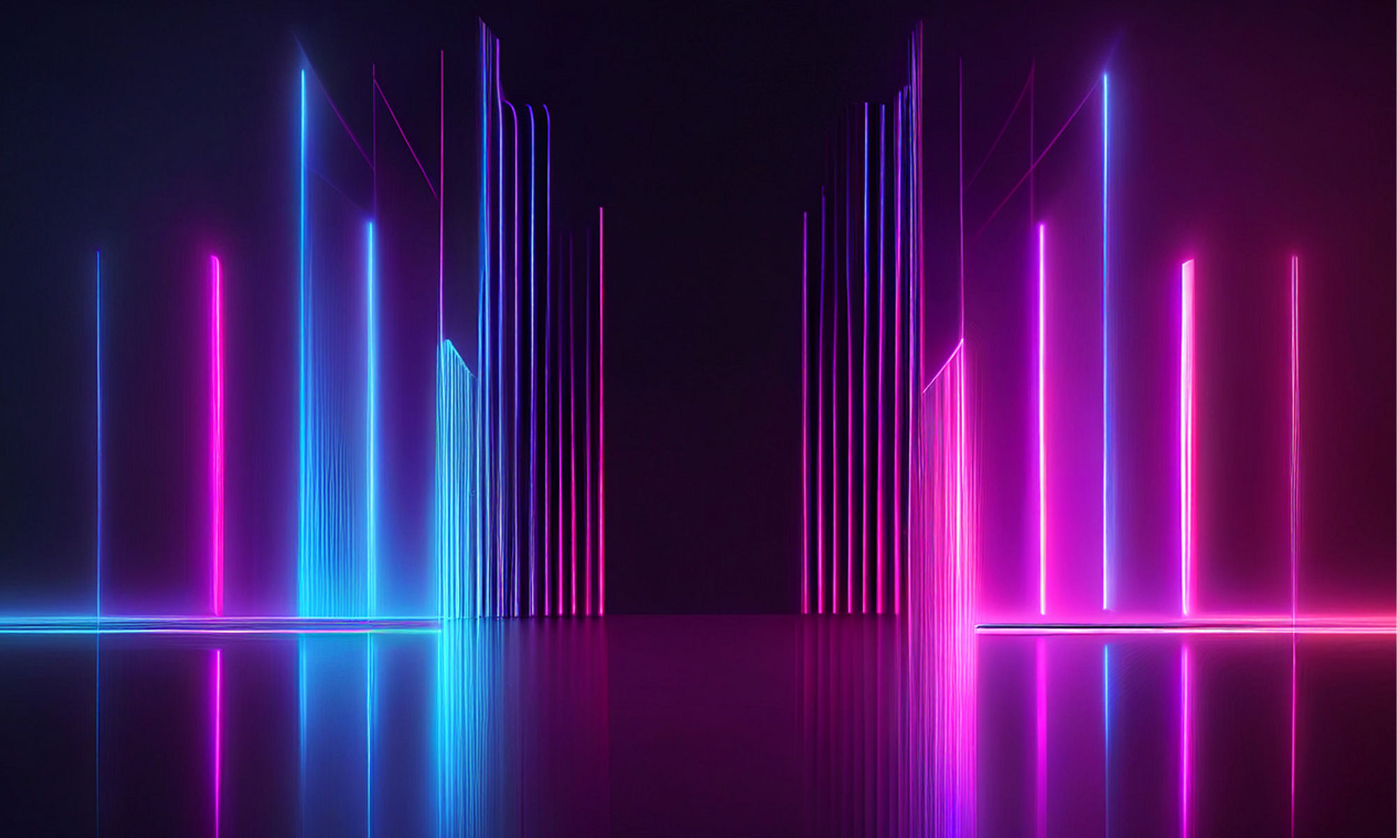3D abstract render of pink and blue lighted bars and lines receding to background
