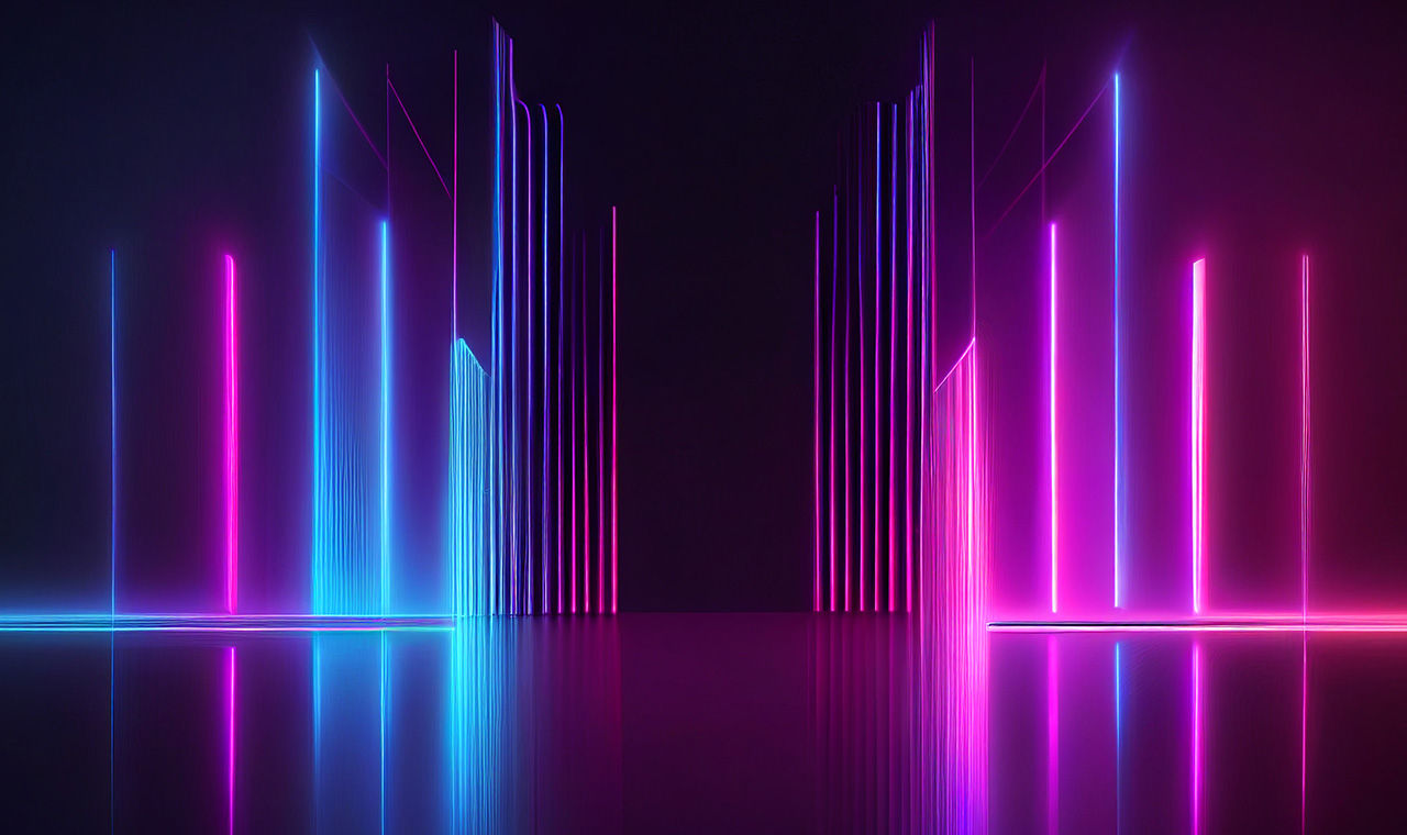 3D abstract render of pink and blue lighted bars and lines receding to background