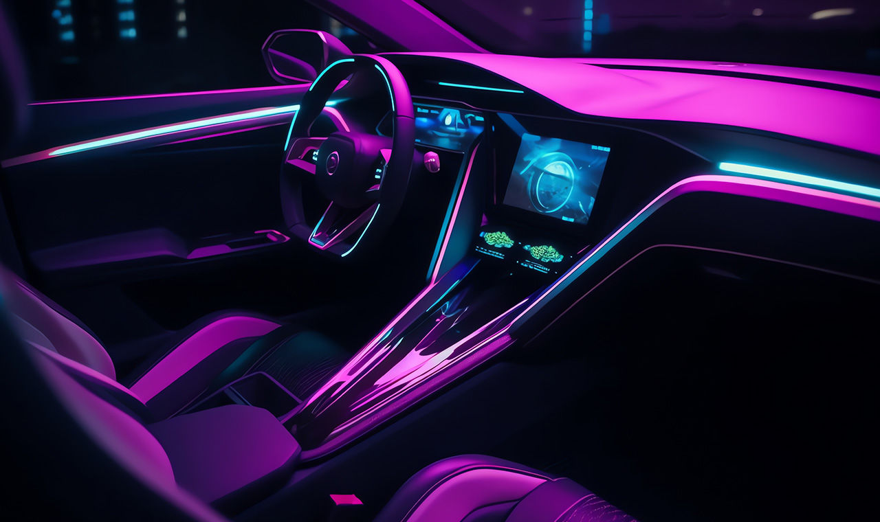 Inside of the car with pink light 