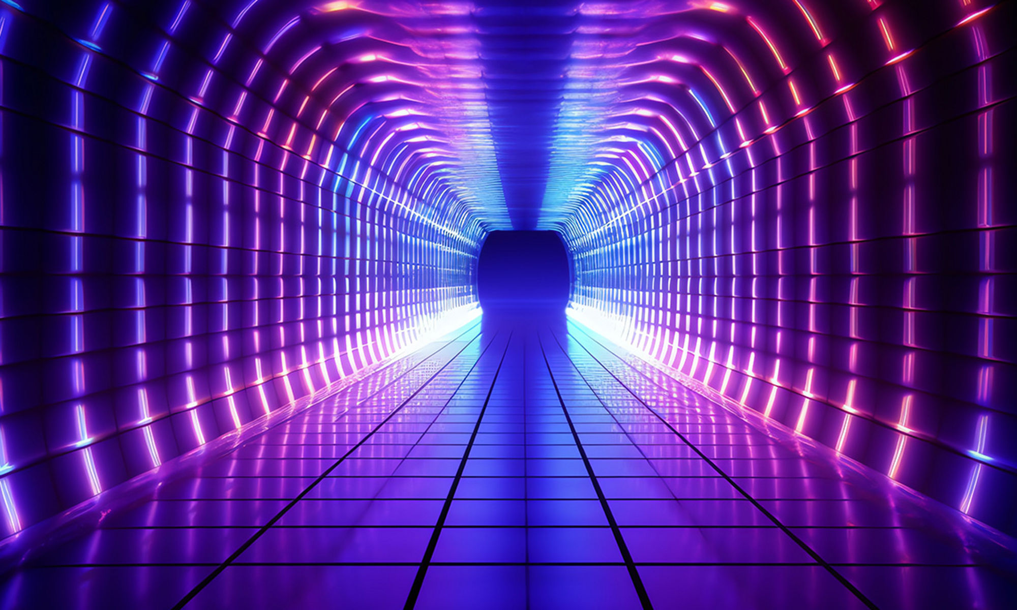 Purple and blue light bars forming a hallway