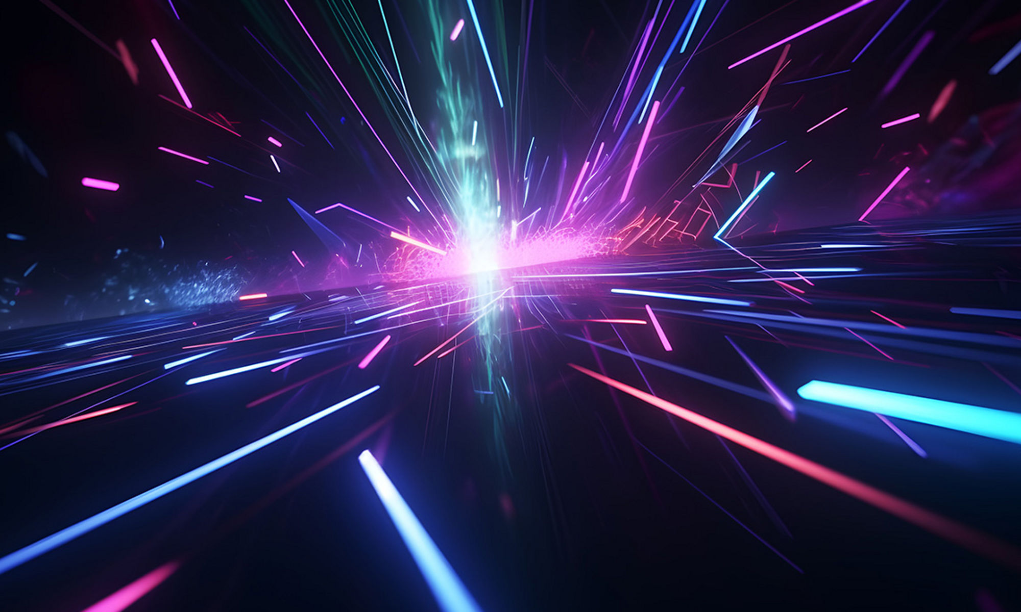 Blue pink and purple neon glow laser beam light lines moving fast to the center, digital, high speed internet, cyberpunk, telecoms techonogy backdrop. futuristic abstract background. Generative AI