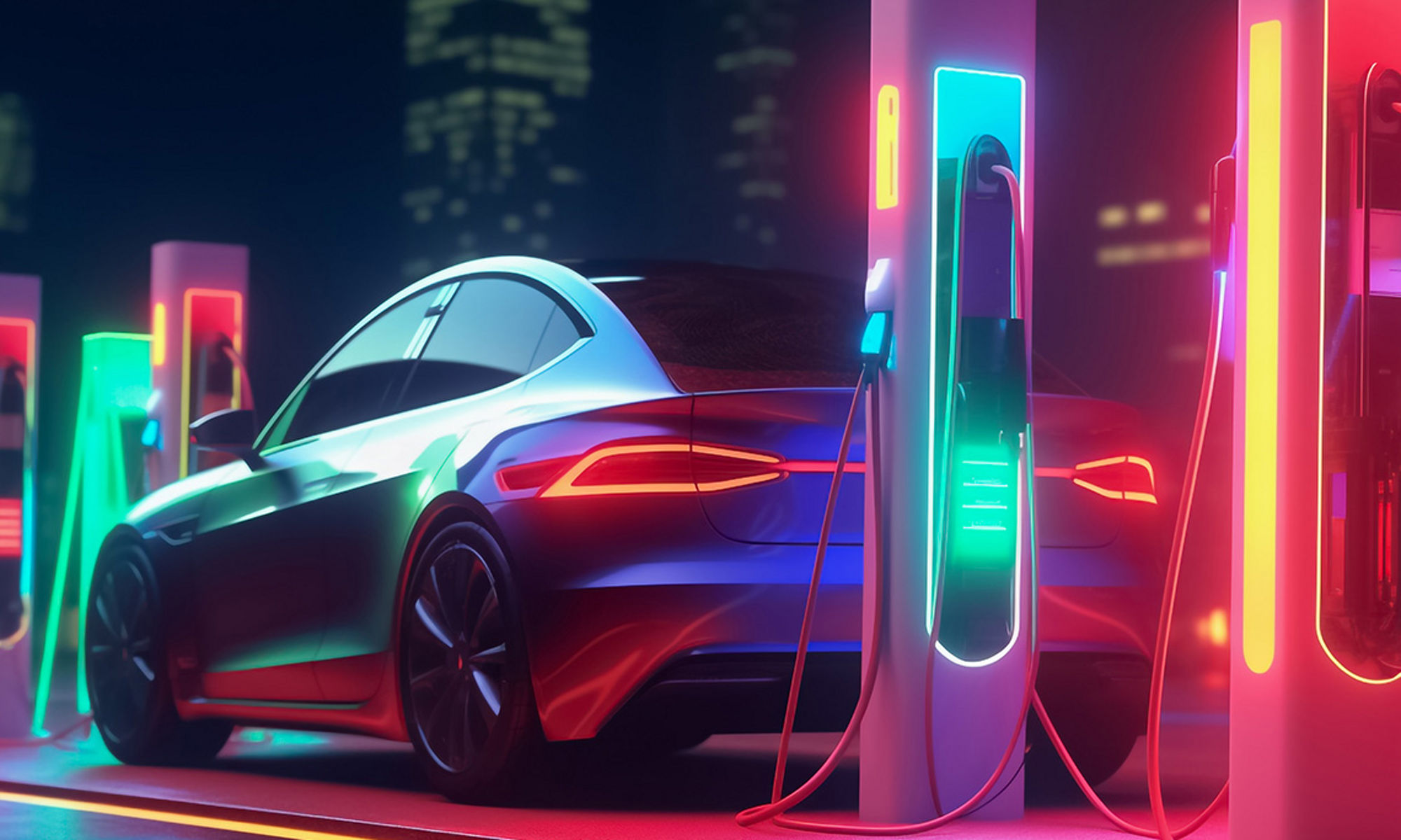 被霓虹燈照亮的電動汽車正在充電