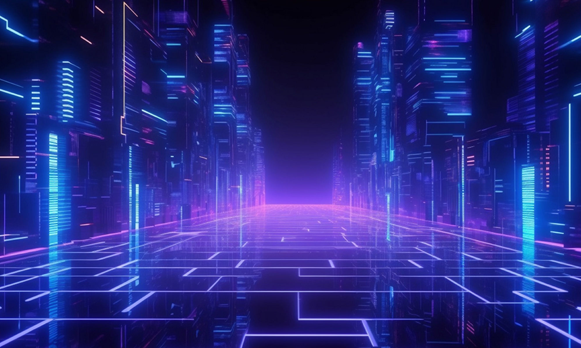 霓虹紫光照亮 AI 生成的抽象資料中心