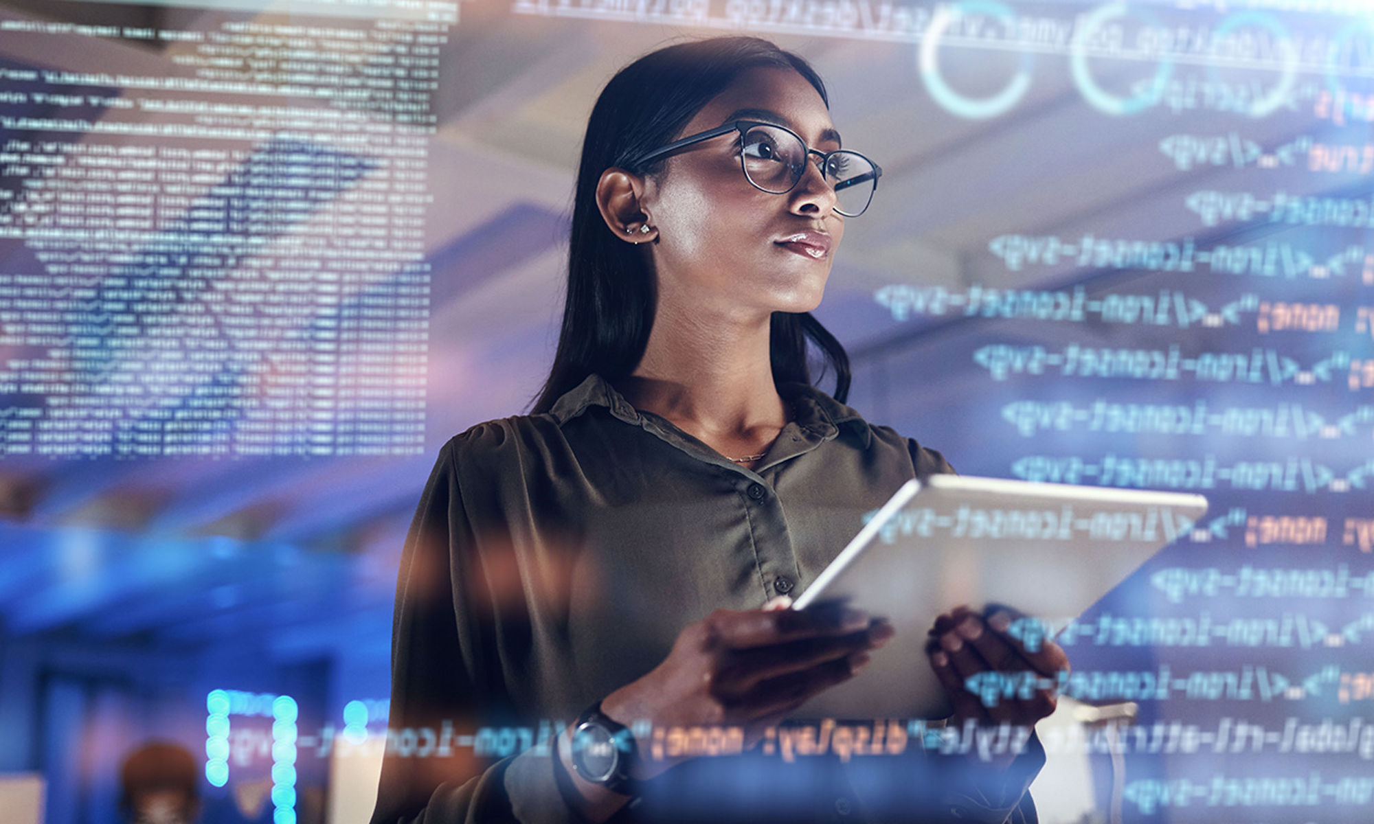 Woman looking at a transparent display